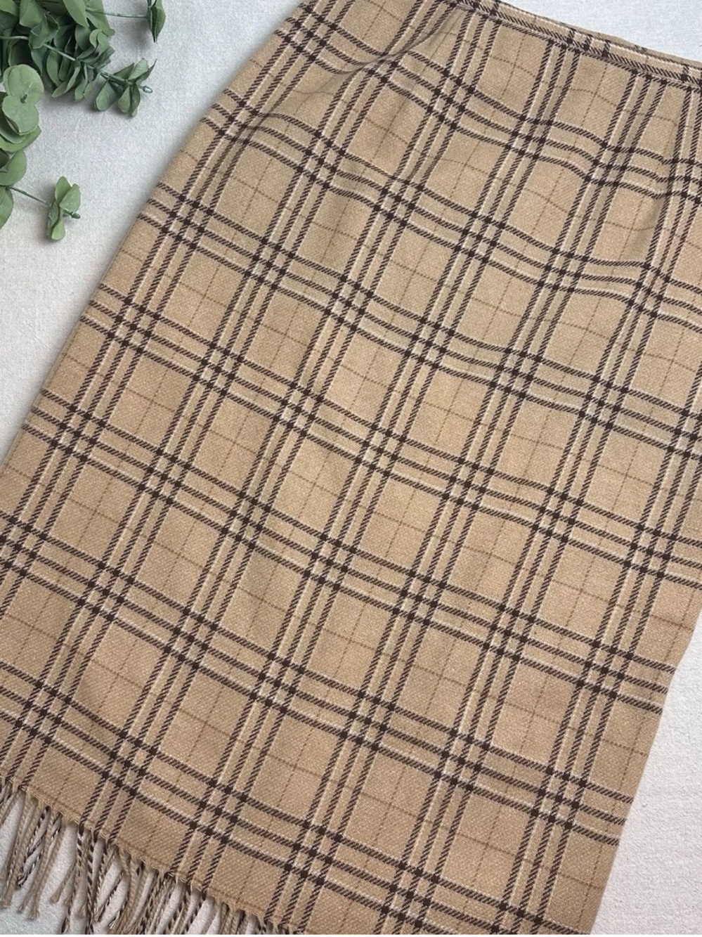 Sag Harbor Wool Blend Plaid Midi Skirt Fringe Hem Camel Tan Neutral Academia